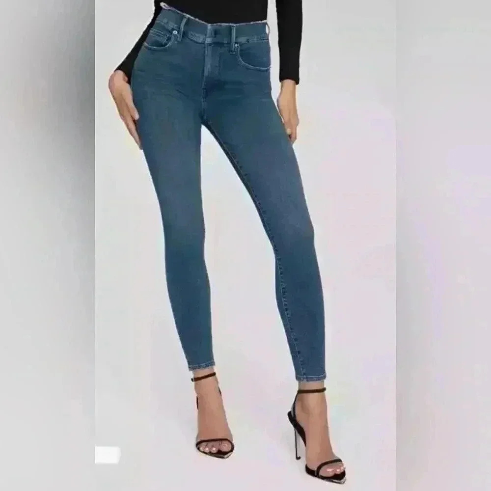 NWT New GOOD AMERICAN blue Good Legs Raw Waist Skinny Denim Jeans Sz 18 Stretch